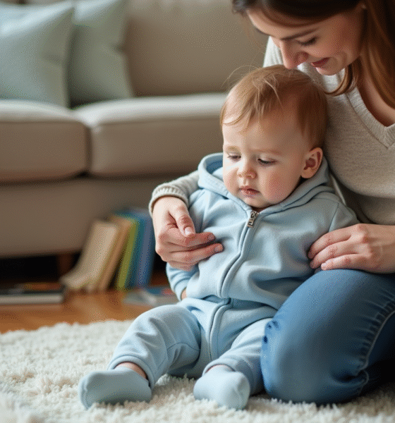 Petit garçon en pyjama bleu assis avec sa mère