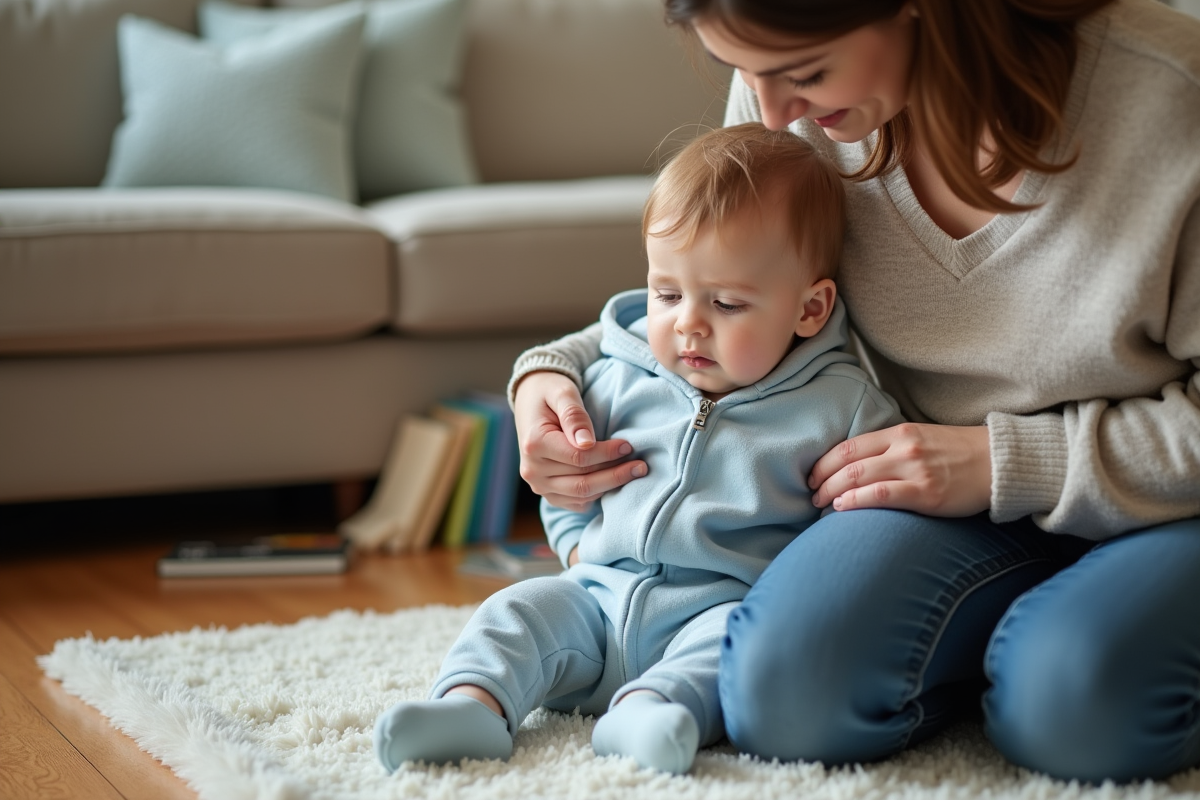 Petit garçon en pyjama bleu assis avec sa mère