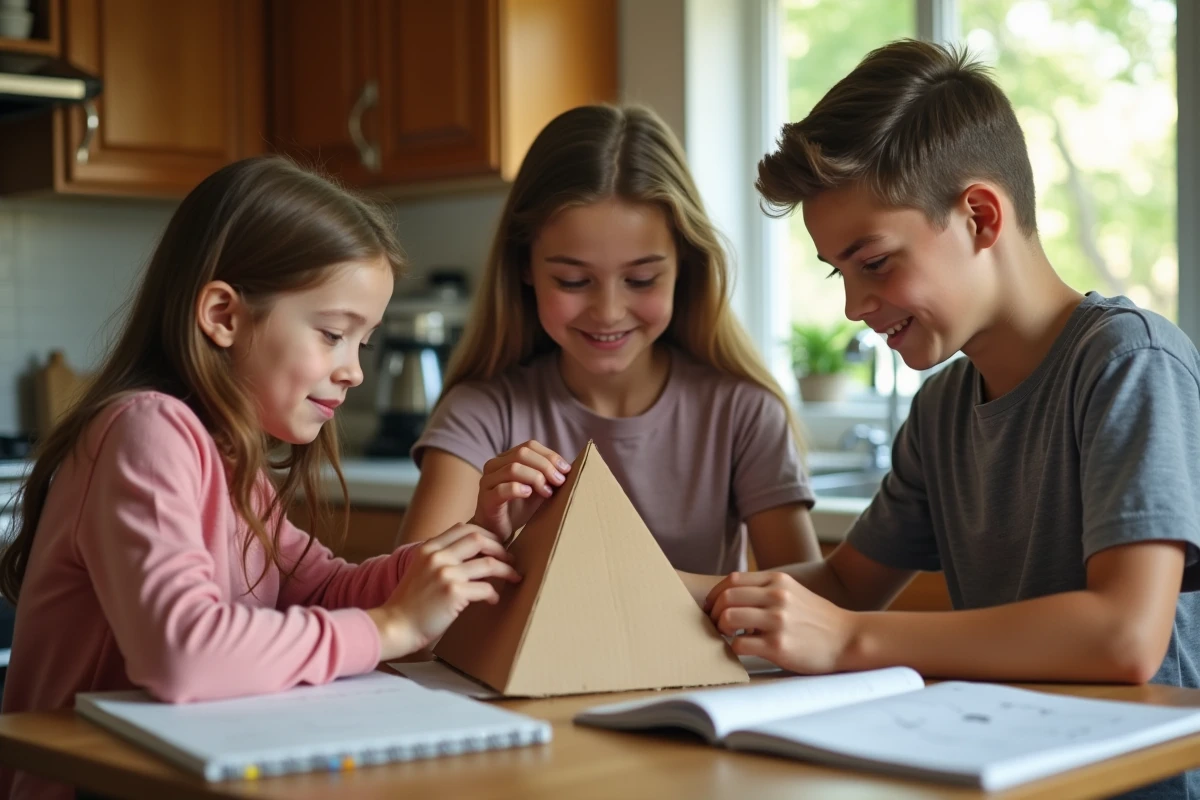 Enfants construisant une pyramide en carton à la maison