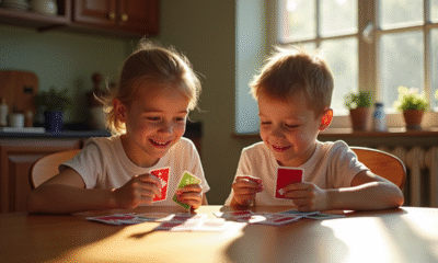 Deux jeunes enfants jouant à SkipBo Junior à la table