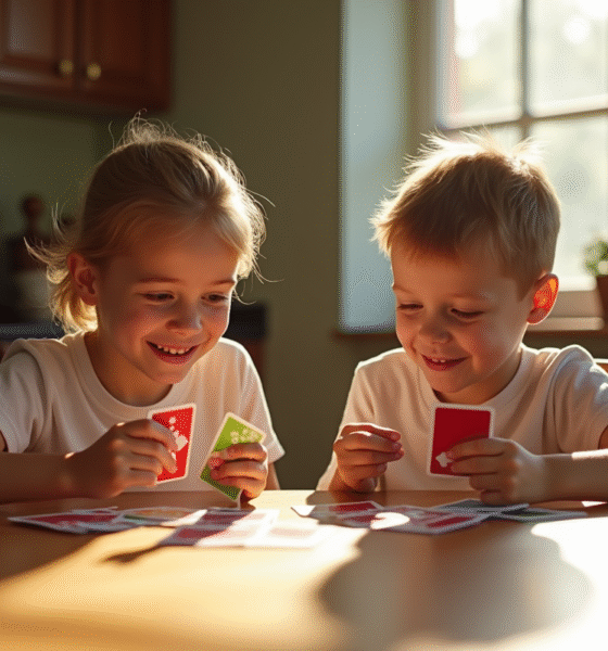 Deux jeunes enfants jouant à SkipBo Junior à la table