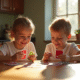 Deux jeunes enfants jouant à SkipBo Junior à la table