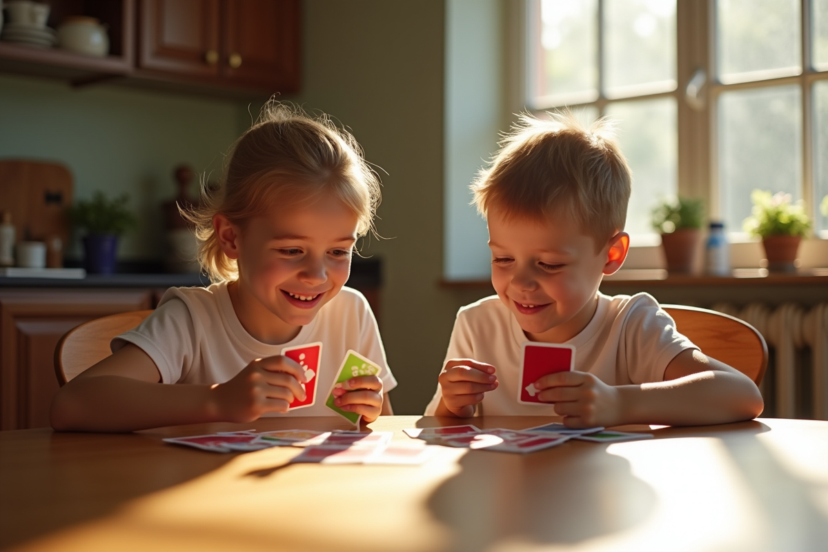 Deux jeunes enfants jouant à SkipBo Junior à la table