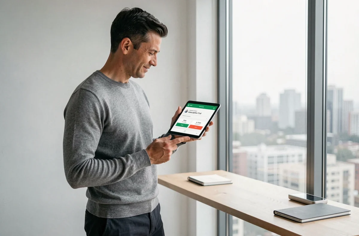 Entrepreneur analysant une offre d'essai gratuit d'abonnement business sur une tablette dans un bureau minimaliste
