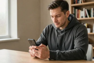 Homme utilisant un smartphone pour envoyer un SMS anonyme depuis son bureau à domicile