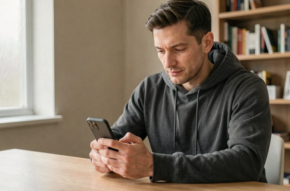 Homme utilisant un smartphone pour envoyer un SMS anonyme depuis son bureau à domicile