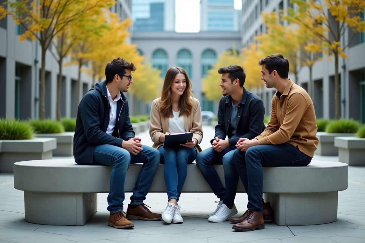 Groupe d etudiants en discussion dans une cour urbaine