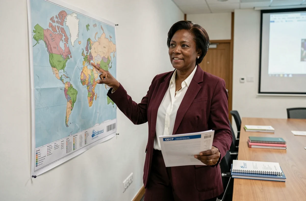 Experte en développement international présentant la classification des pays en développement de l'OCDE devant une carte du monde