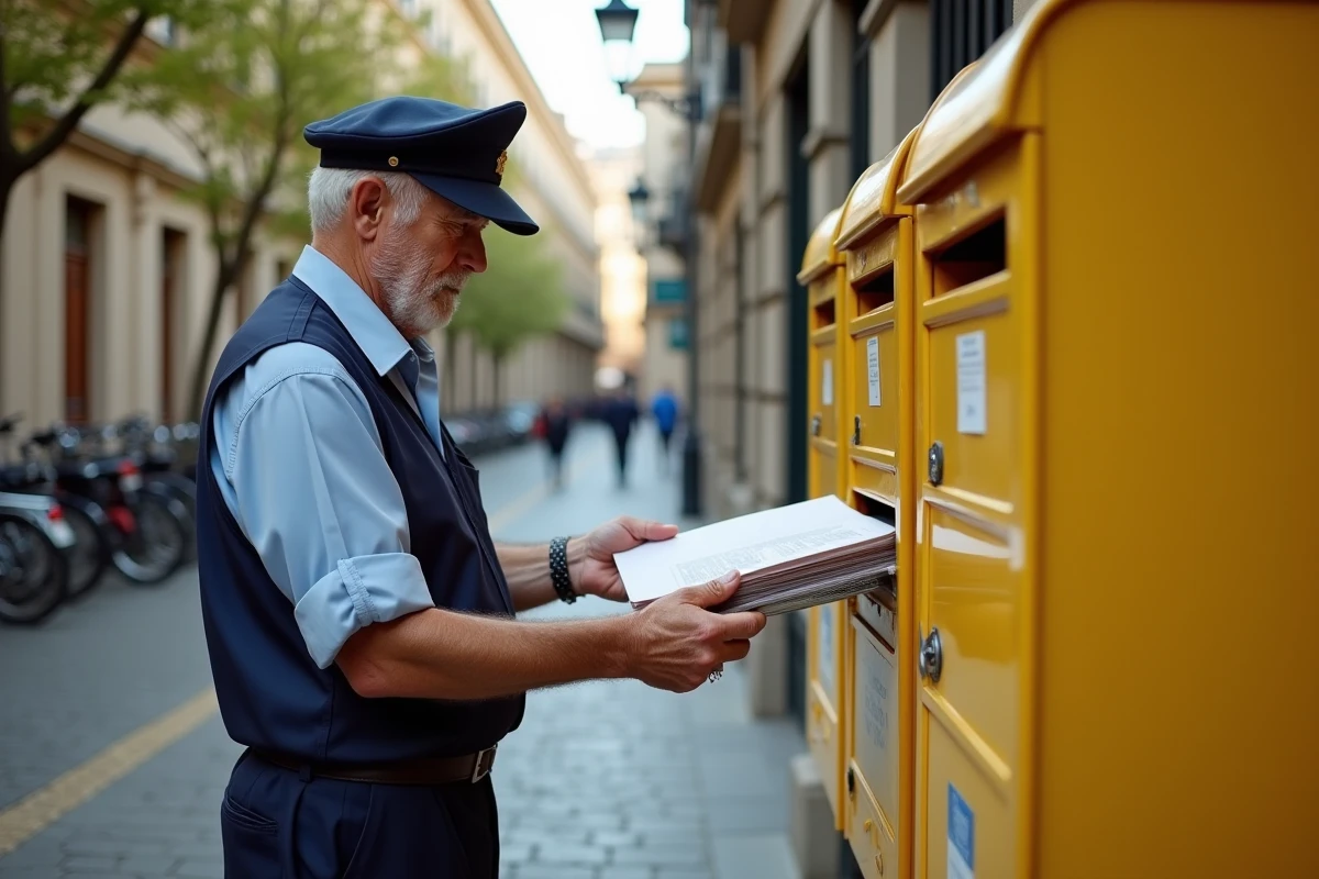 Facteur âgé triant du courrier devant une boîte aux lettres urbaine