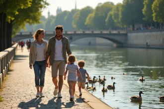 Famille se promenant au bord de la Saône à Lyon un dimanche matin, parents et enfants profitant d'une balade gratuite en famille
