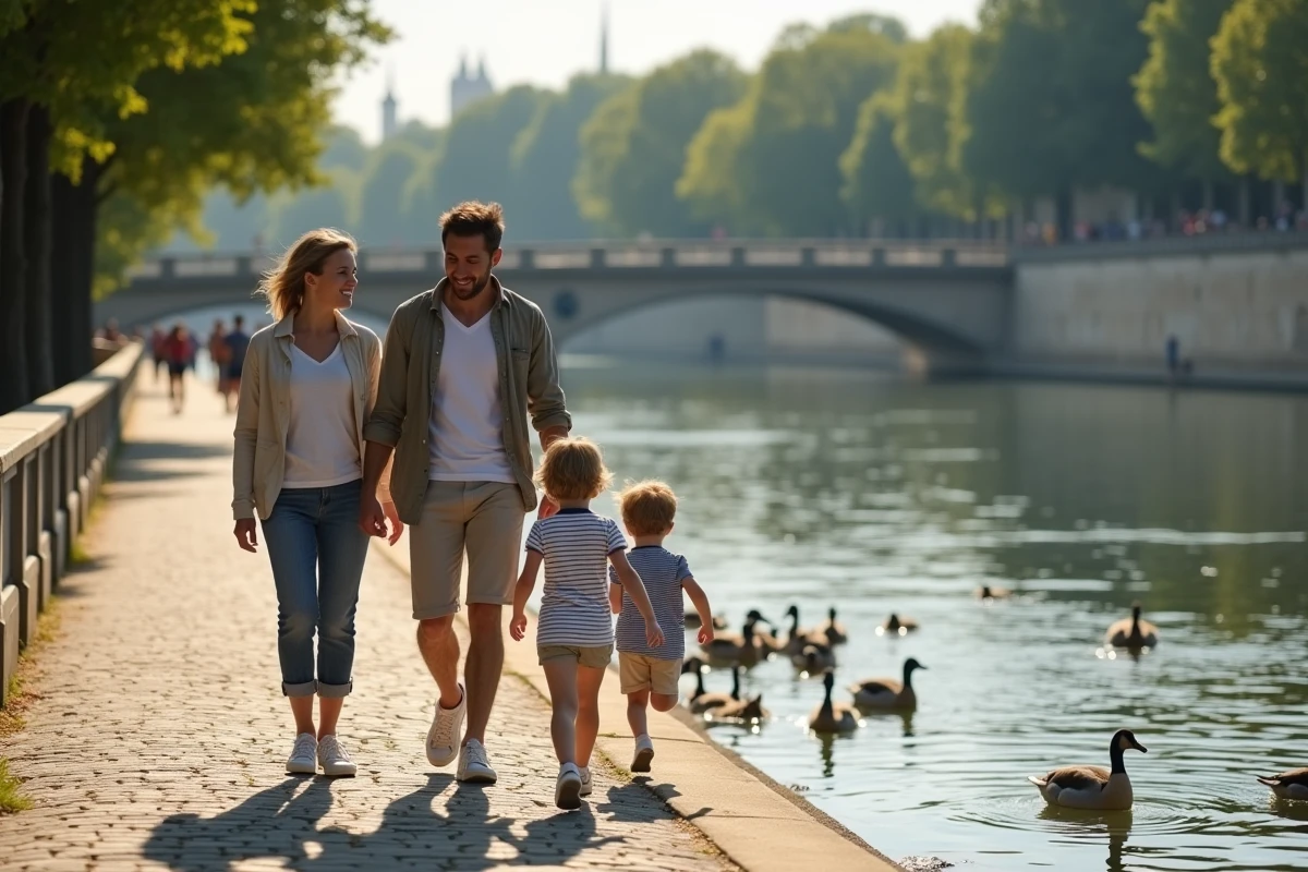 Famille se promenant au bord de la Saône à Lyon un dimanche matin, parents et enfants profitant d'une balade gratuite en famille