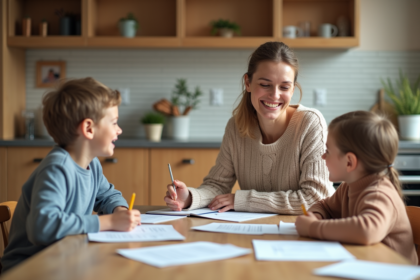 Famille souriante autour d'une table de cuisine chaleureuse
