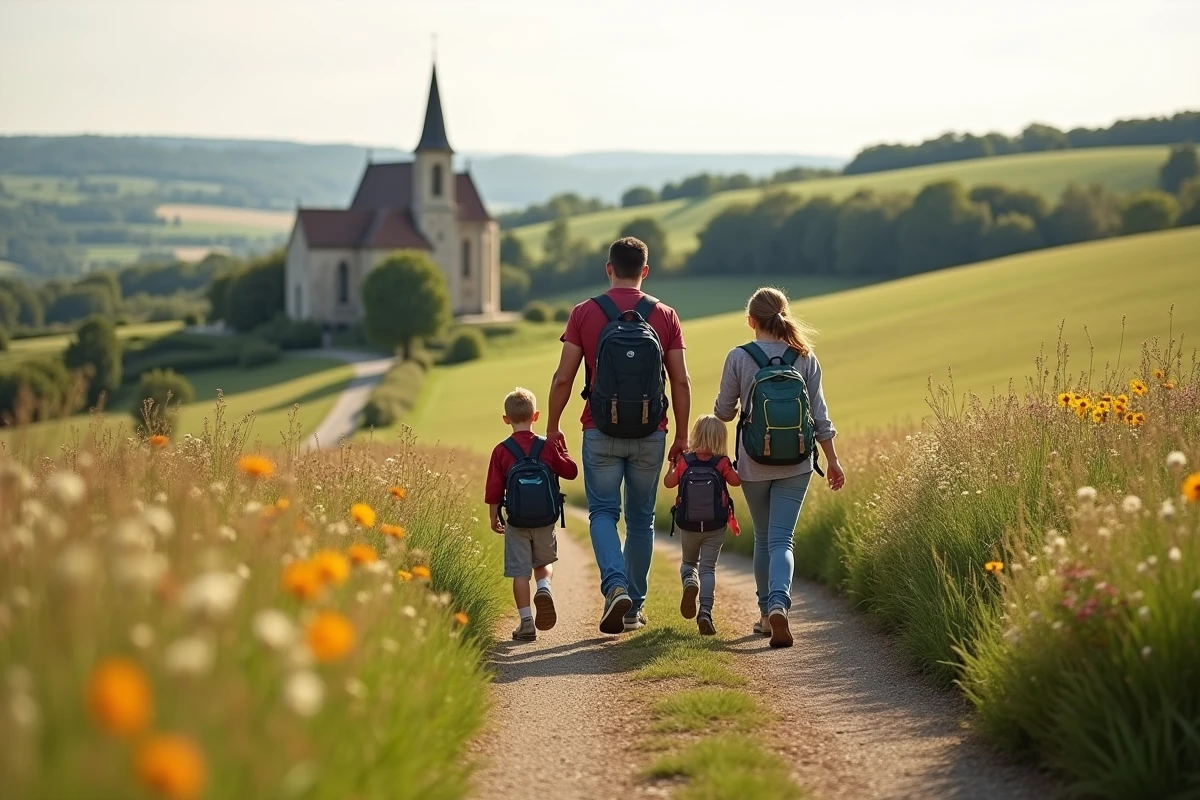 Famille en randonnée dans la campagne française