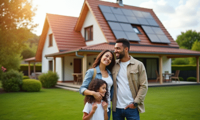 Famille heureuse devant leur maison écologique rénovée