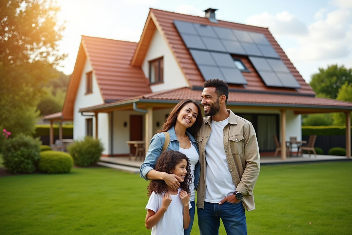 Famille heureuse devant leur maison écologique rénovée