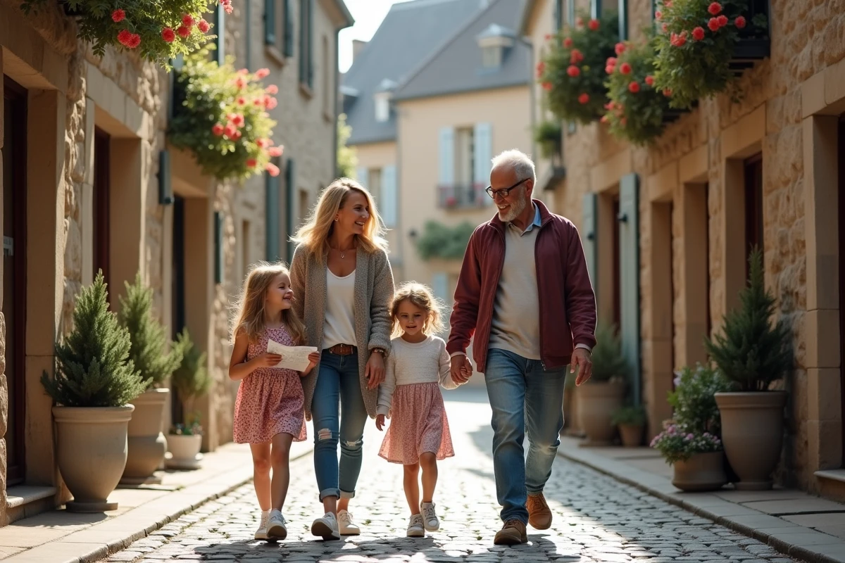 Famille en promenade dans un village français en printemps