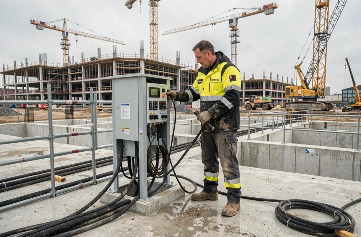 Technicien de Fauche Bretagne installant une distribution électrique temporaire sur un chantier de construction à Rennes