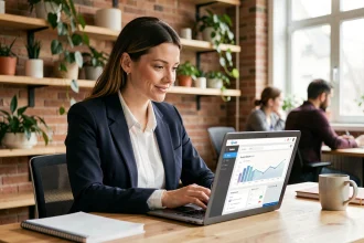 Femme professionnelle découvrant un abonnement business gratuit sur son ordinateur portable dans un espace de coworking moderne