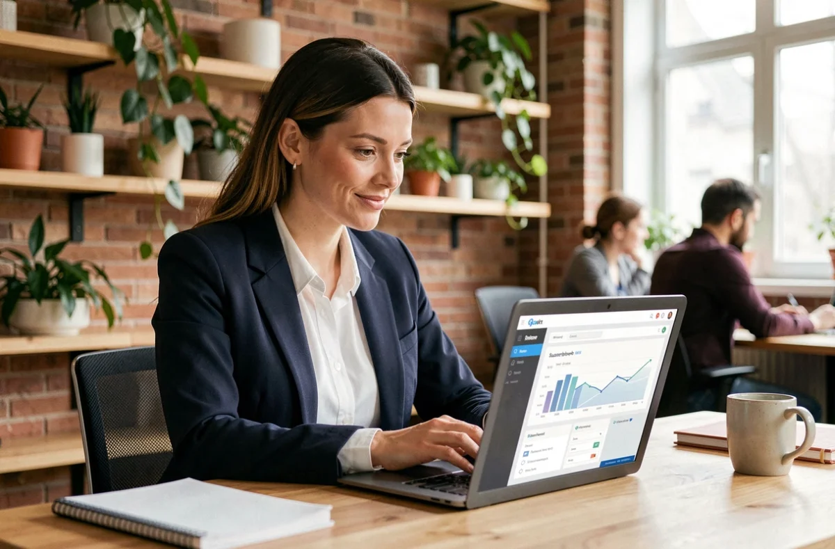 Femme professionnelle découvrant un abonnement business gratuit sur son ordinateur portable dans un espace de coworking moderne