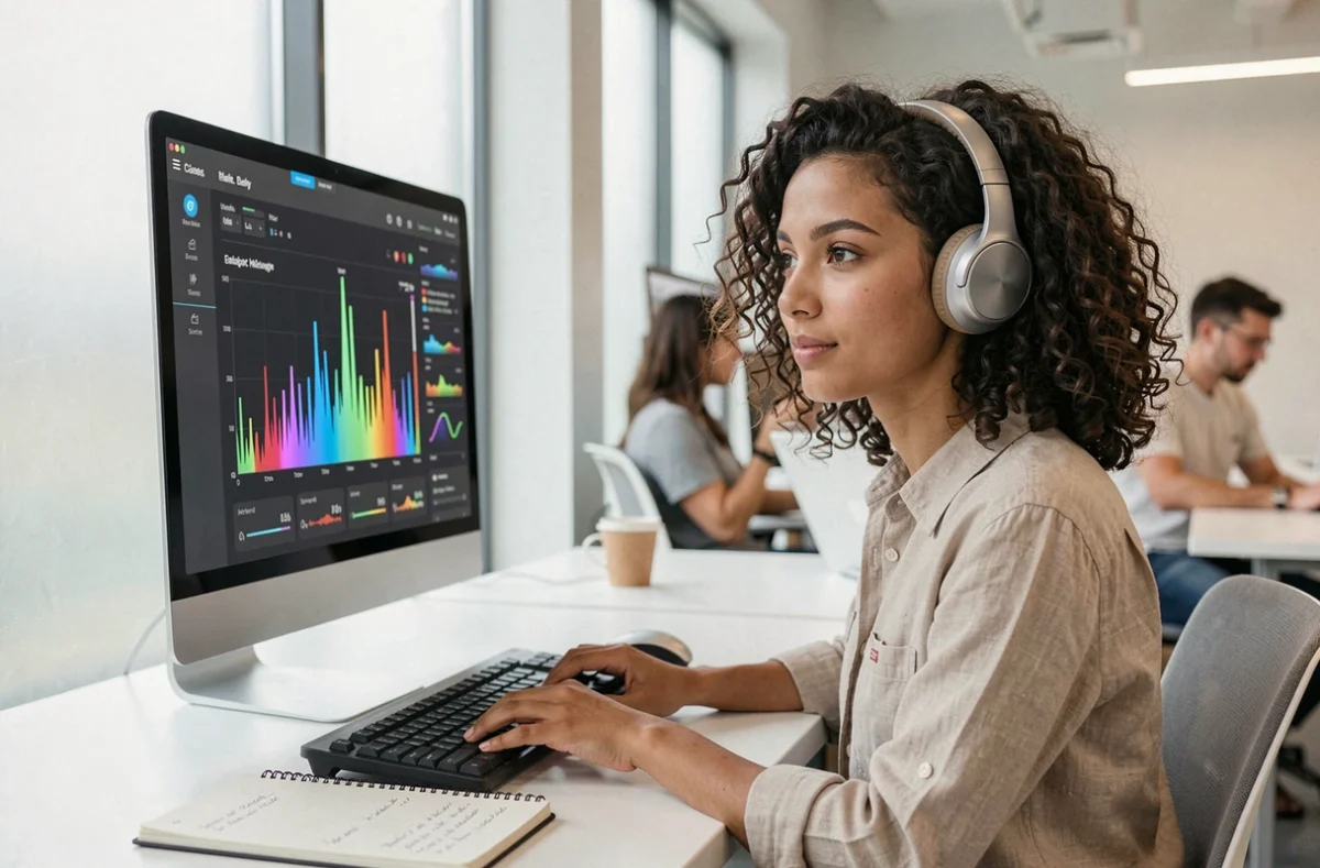 Jeune femme avec casque audio analysant un simulateur de niveau sonore sur écran d'ordinateur pour optimiser une playlist musicale