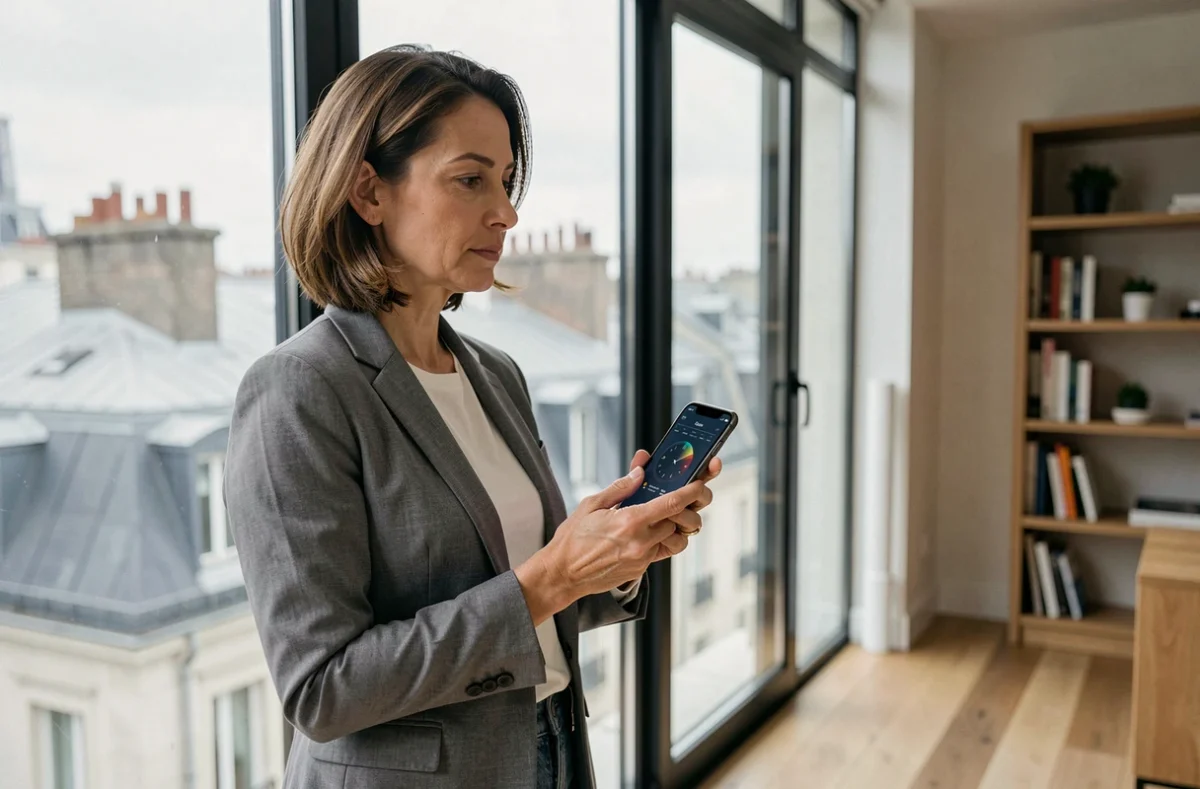 Femme en appartement parisien vérifiant l'heure en Nouvelle-Calédonie sur son smartphone avec vue sur les toits de Paris