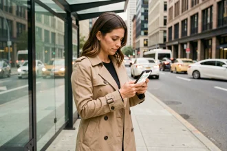 Femme consultant une application de suivi de bus en temps réel sur son smartphone à un arrêt de bus urbain