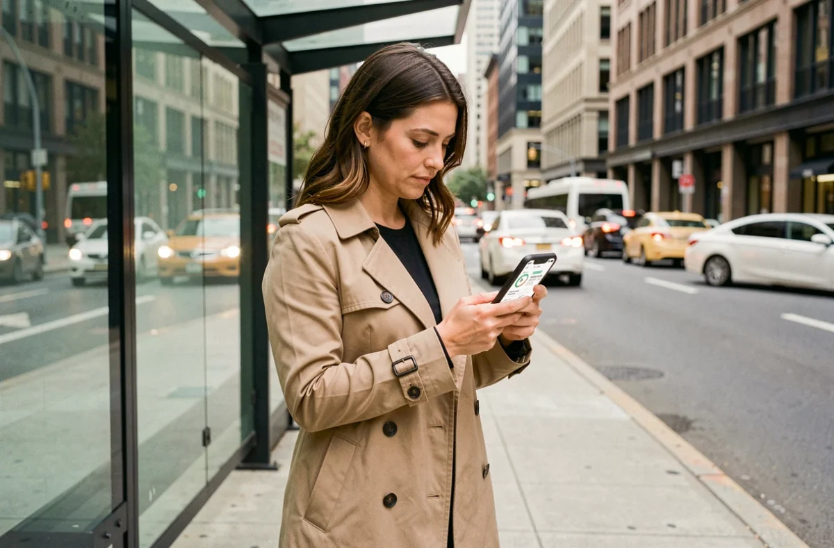 Femme consultant une application de suivi de bus en temps réel sur son smartphone à un arrêt de bus urbain