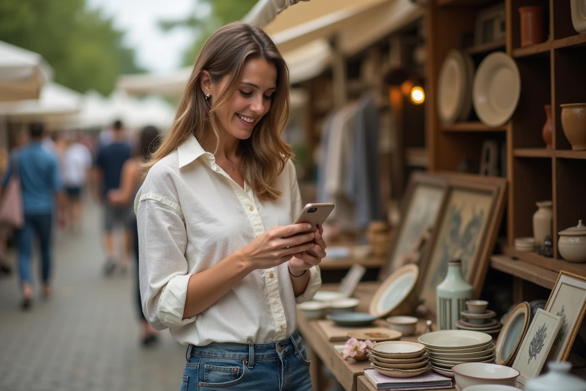 Femme parcourant l'application Dabradou sur smartphone dans un marché aux puces le week-end