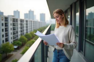 Femme réfléchissant avec documents sur balcon d'appartement
