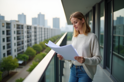 Femme réfléchissant avec documents sur balcon d'appartement