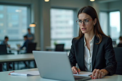 Femme d affaires concentrée devant son ordinateur au bureau
