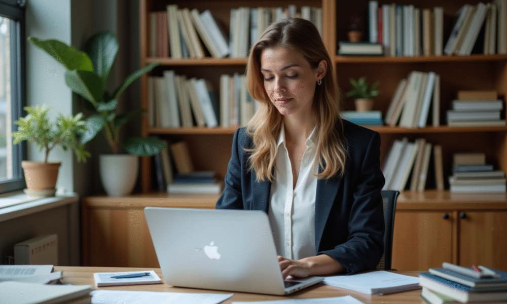 Femme en bureau universitaire examinant des documents