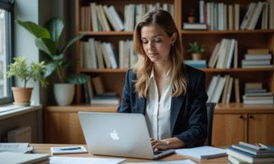 Femme en bureau universitaire examinant des documents