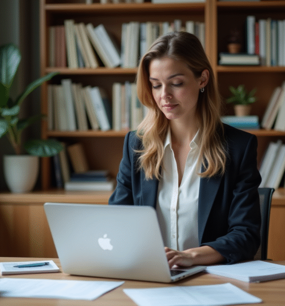 Femme en bureau universitaire examinant des documents