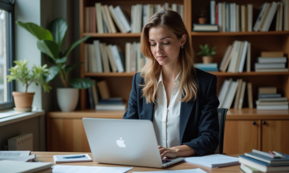 Femme en bureau universitaire examinant des documents