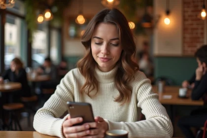 Femme songeuse dans un café parisien regardant l'heure miroir 13h31 sur son téléphone, illustrant la symbolique amoureuse des heures miroirs
