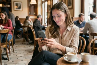 Femme seule dans un café parisien consultant un site de rencontre gratuit sur son smartphone