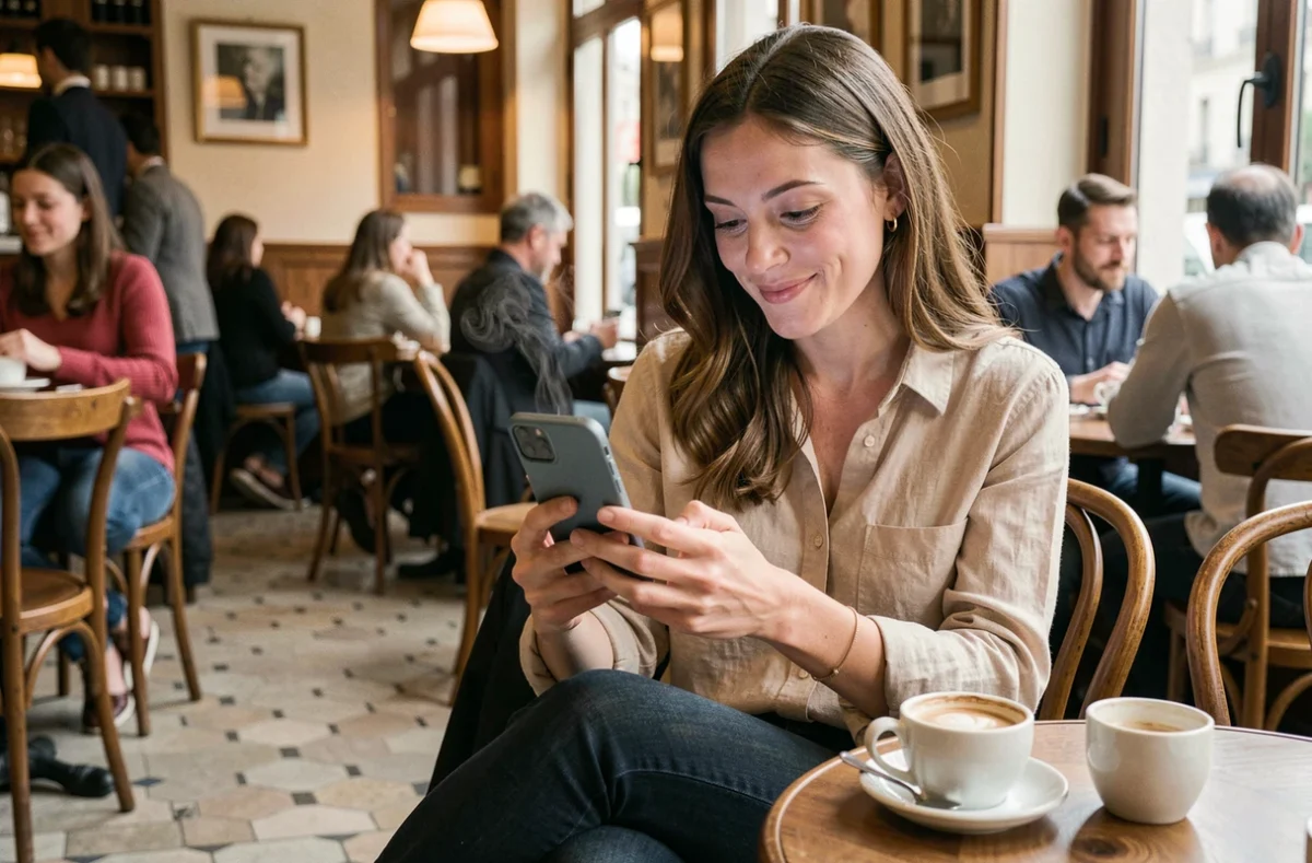 Femme seule dans un café parisien consultant un site de rencontre gratuit sur son smartphone