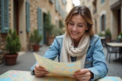 Femme souriante avec carte dans un village français