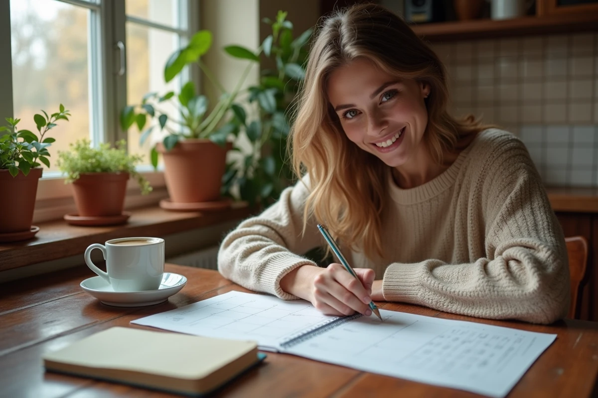 Jeune femme à la cuisine marque dates sur calendrier