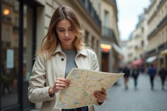 Femme consultant une carte papier de Paris et ses arrondissements dans une rue haussmannienne