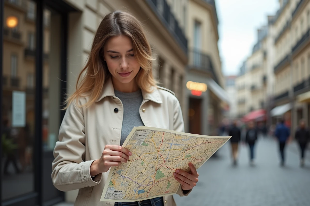 Femme consultant une carte papier de Paris et ses arrondissements dans une rue haussmannienne