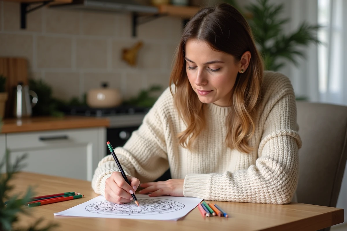 Femme en trentiere coloriant un dessin de noel détendu