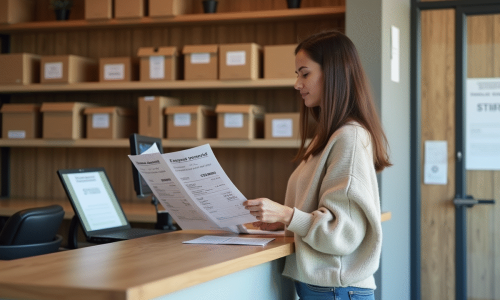 Femme en jeans compare listes de prix dans un selfstorage