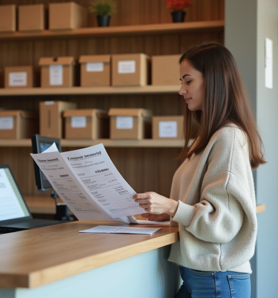 Femme en jeans compare listes de prix dans un selfstorage