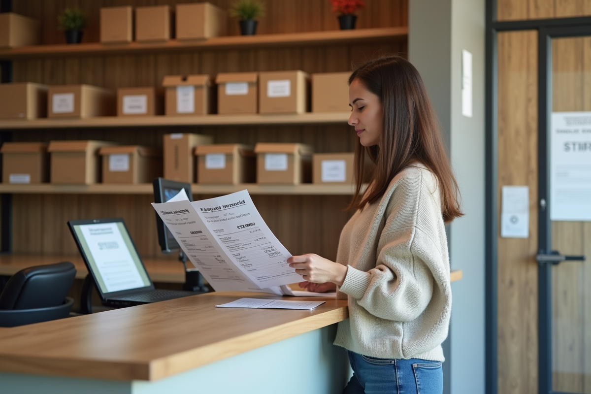Femme en jeans compare listes de prix dans un selfstorage