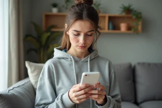 Jeune femme consultant les paramètres de son smartphone pour trouver son numéro Lyca Mobile