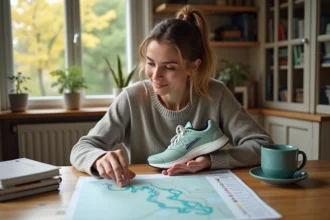 Femme en intérieur tenant une chaussure de course et traçant un itinéraire