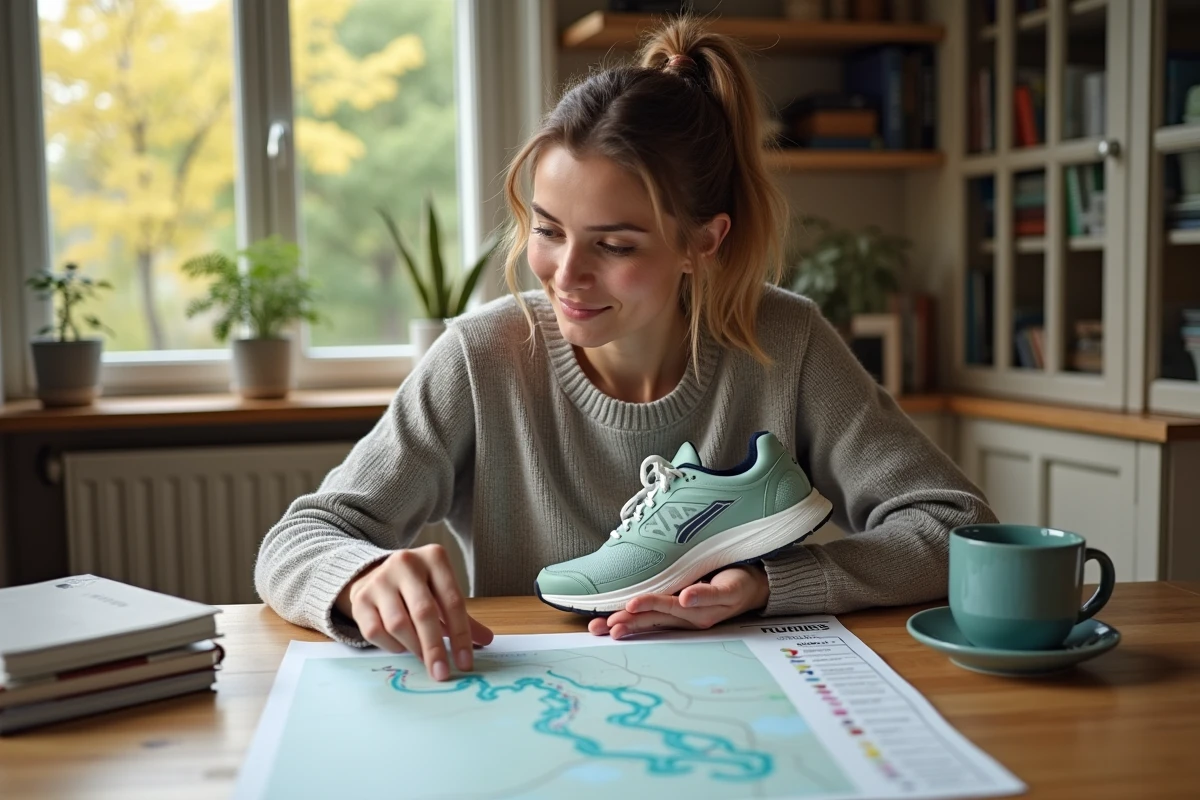 Femme en intérieur tenant une chaussure de course et traçant un itinéraire