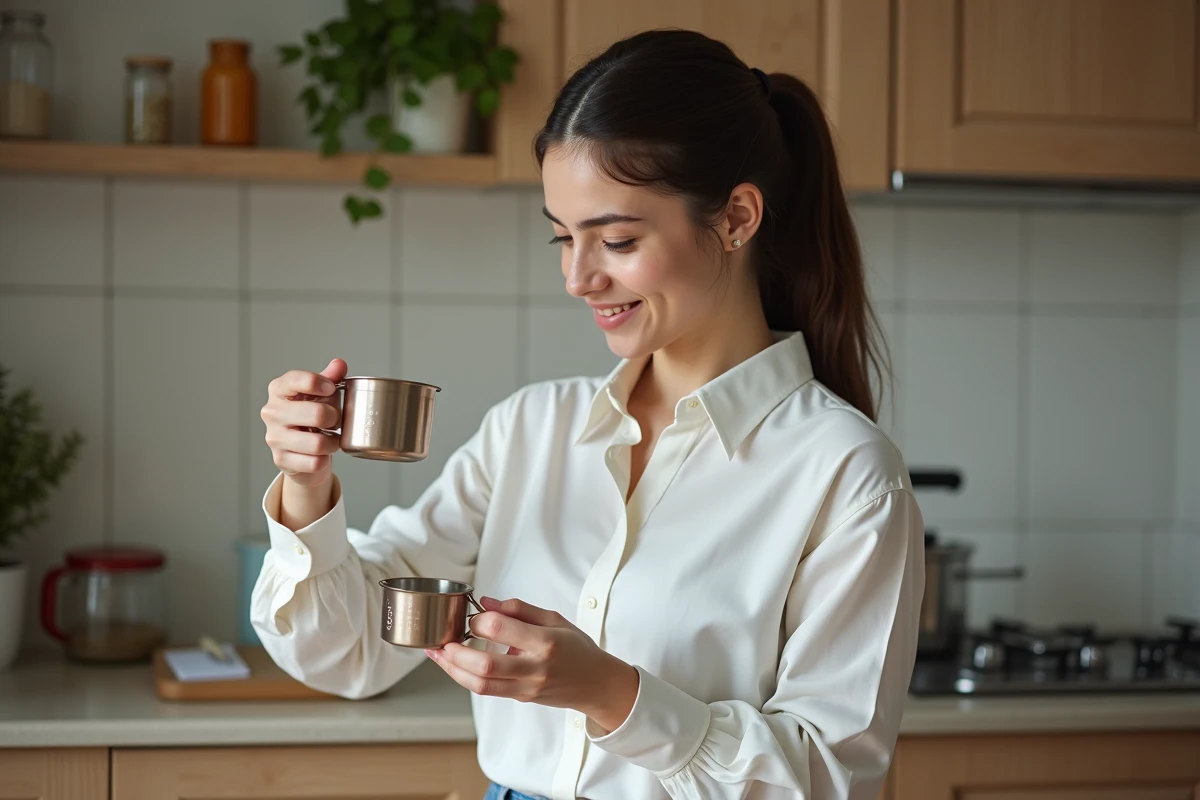 Jeune femme compare des tasses de mesure dans la cuisine